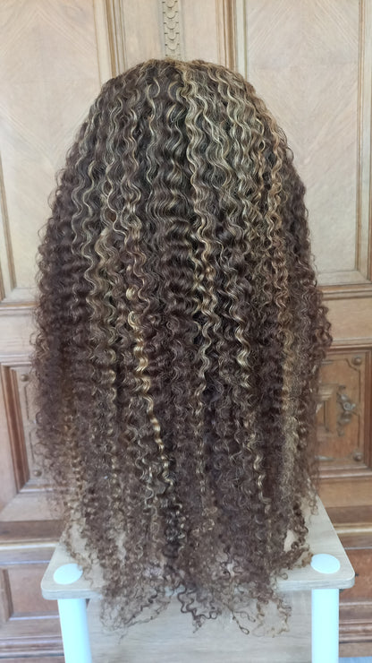 Kinky Lockiges Echthaarperücke Highlight Honig Blond Braun