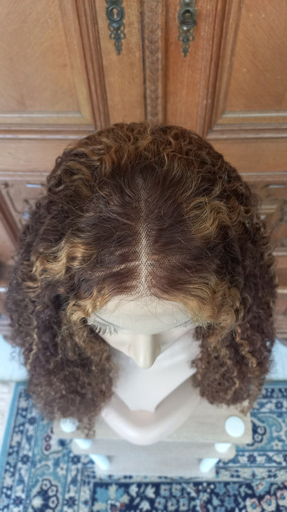 Kinky Lockiges Echthaarperücke Highlight Honig Blond Braun