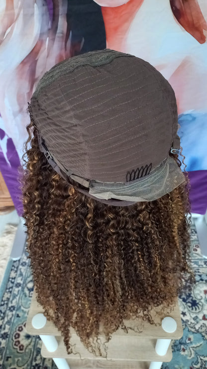 Kinky Lockiges Echthaarperücke Highlight Honig Blond Braun