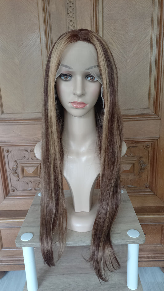 Gerade T-Part Echthaar Perücke Highlight Blond Braun