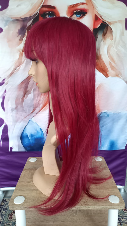 Lang Glatt Winerot Echthaarperücke mit Pony