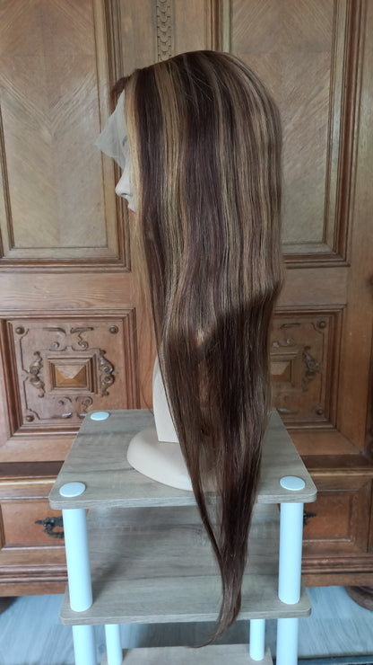 Gerade T-Part Echthaar Perücke Highlight Blond Braun