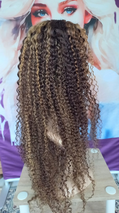 Kinky Lockiges Echthaarperücke Highlight Honig Blond Braun