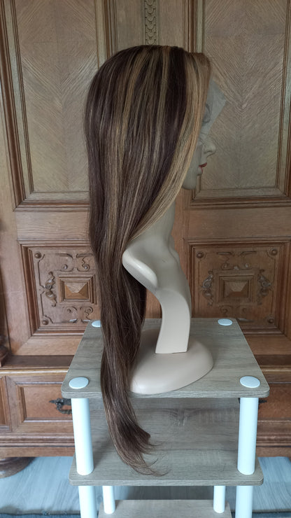 Gerade T-Part Echthaar Perücke Highlight Blond Braun