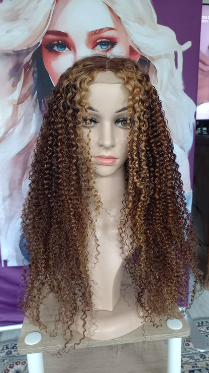 Kinky Lockiges Echthaarperücke Highlight Honig Blond Braun