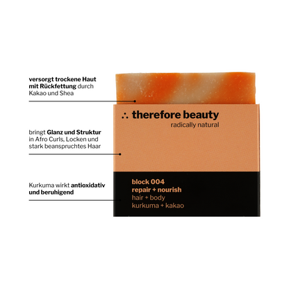 Seife block 004 | bei trockener Haut | ideal bei starken Curls + Afro | mit Kurkuma + Kakao