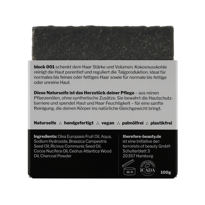 Seife block 001 | bei unreiner, fettiger Haut | bei fettigem Haar | mit Aktivkohle + Zedernöl